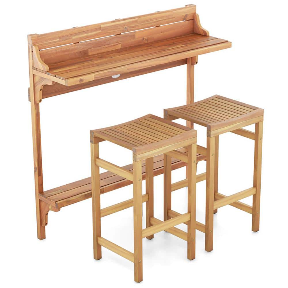 Acacia Wood 3-Piece Balcony Bar Table Set with Footrest