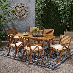 Hermosa 30 in. Teak Brown 7-Piece Wood Oval Outdoor Patio Dining Set with Cream Cushions