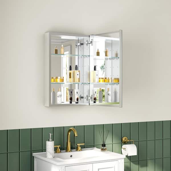 Eoviamne 16 in. W x 24 in. H Rectangular Aluminum Recessed/Surface Mount Medicine Cabinet with Mirror, Soft Close, Right Open