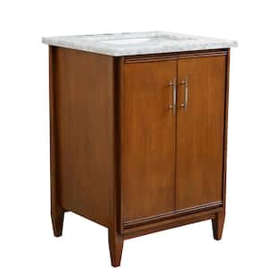 25 in. W x 22 in. D Single Bath Vanity in Walnut with Marble Vanity Top in White Carrara with White Rectangle Basin