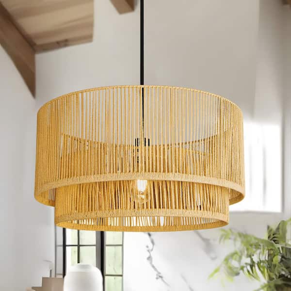 1-Light Beige Natural Adjustable Height Pendant Light With Shades