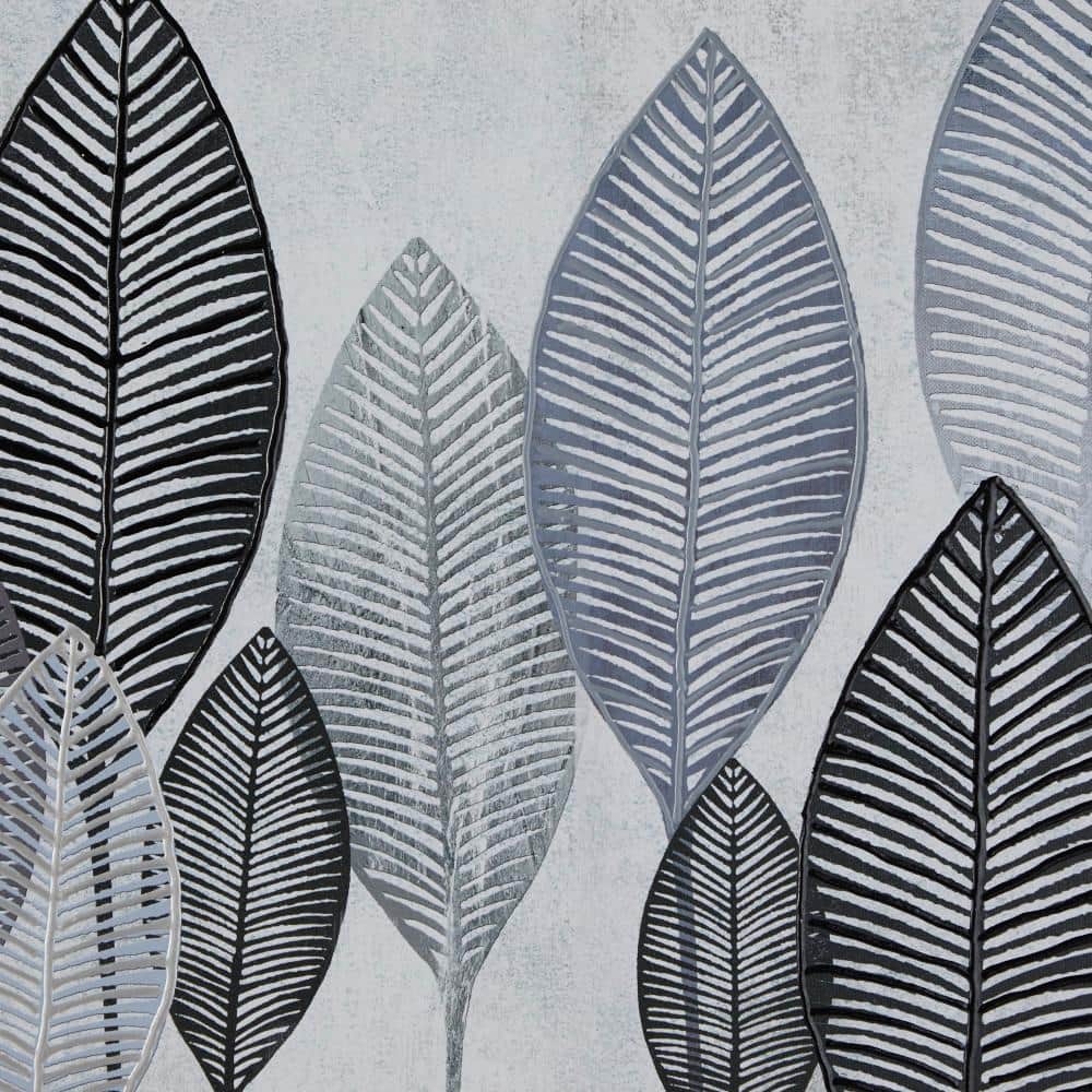 Gray and Black Abstract Leaf Canvas Wall Art with Silver Frame