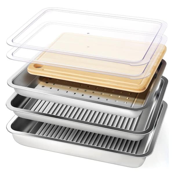 Silver Stainless Steel Grill Prep Tray Set with Bamboo Cutting Board and Lid, BBQ Food Prep and Marinade Tray