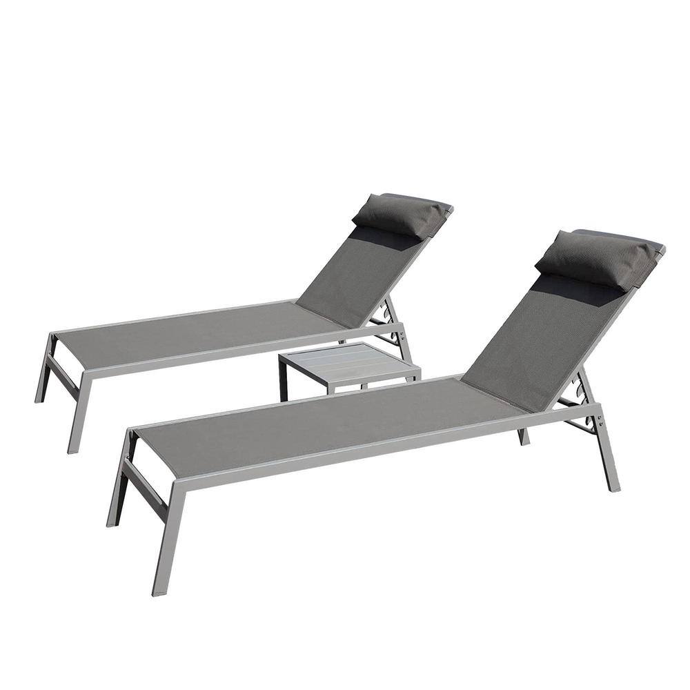 Set of 3 Aluminum Adjustable Outdoor Chaise Lounge in Gray Seat with Steel Side Table and Headrest Sunbathing Recliner price history on PriceWatchPro