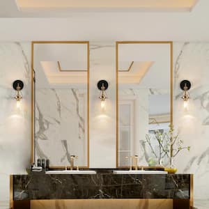 Transitional 1-Light Black and Brass Bath Wall Sconce with Bell Seeded Glass Shade Modern Wall Light, LED Compatible