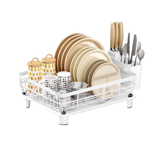 1-Tier Dish Drying Rack with Drainboard and Utensil Holder for Kitchen Organization, Over the Sink, Space Saving, White