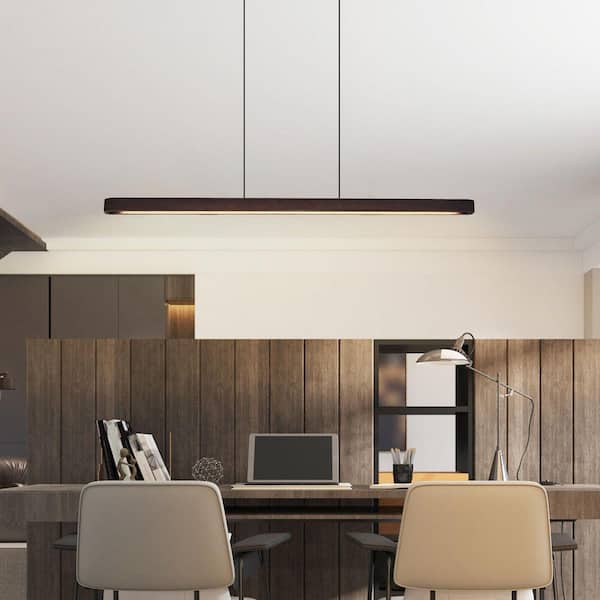 51 in. 1 Light Brown Walnut LED Pendant Light with Remote and Adjustable Height-Rectangular Bar-Shaped Design