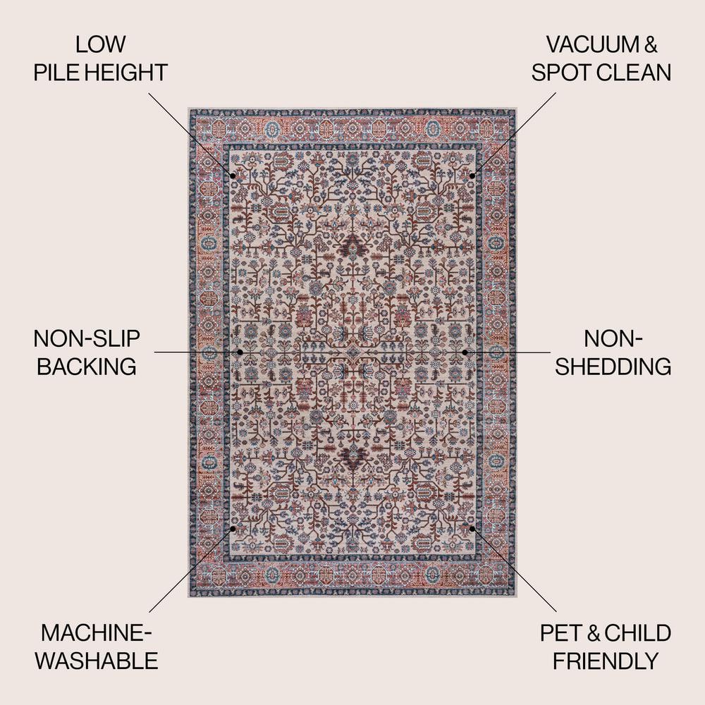 Kemer Persian Washable Chenille Beige/Red/Blue 3 ft. x 5 ft. Area Rug