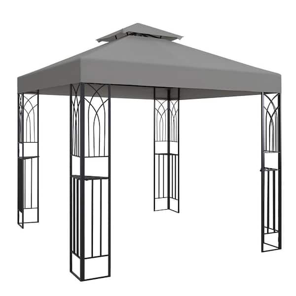 8 ft. x 8 ft. Gray Outdoor Patio Gazebo with Double Roof, 2-Tier Soft Top Canopy