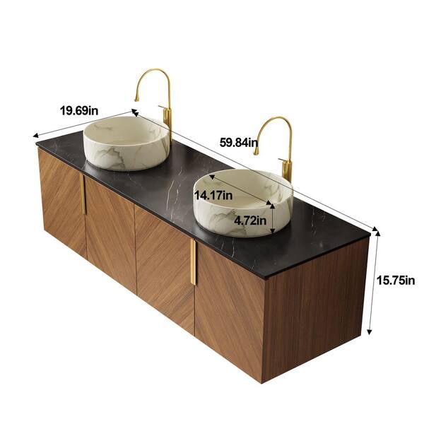 Yingze 60 in. Wall-Mounted Double Sink Brown Oak Bath Vanity with
