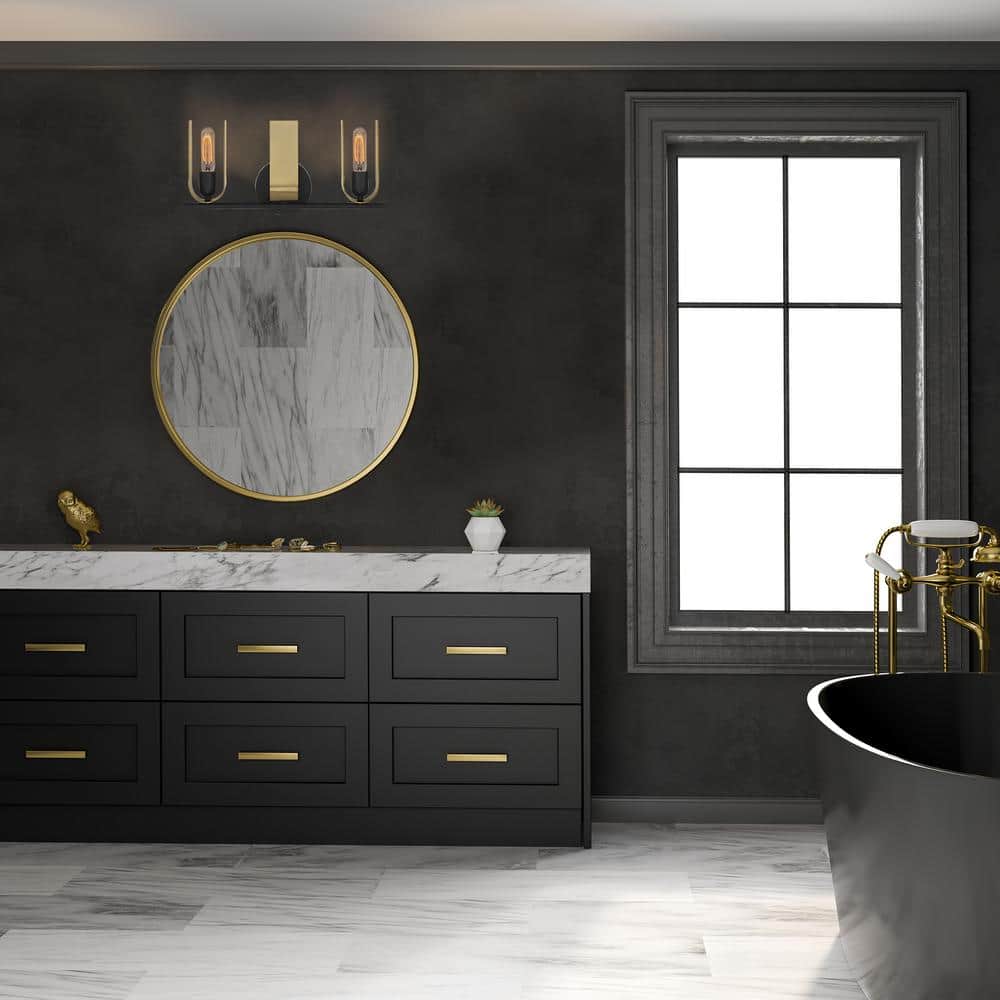 U Turn 3-Light Matte Black Vanity Light with Brushed Gold Shades