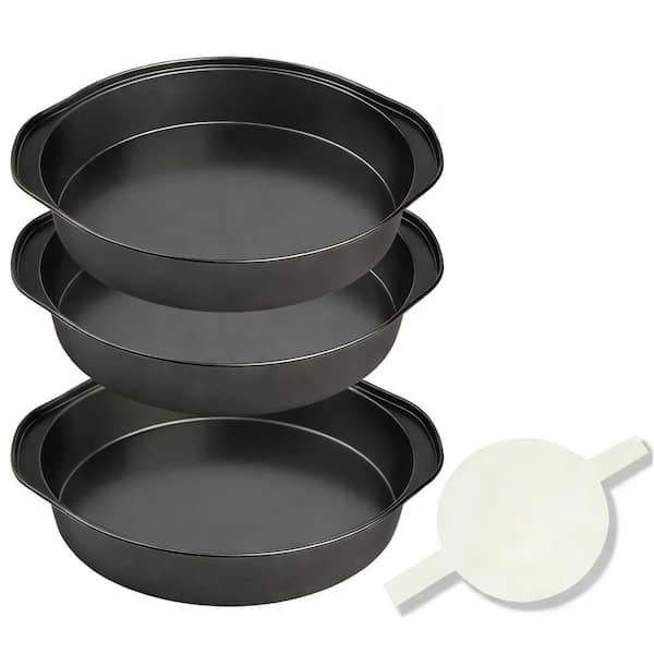 8 in. Carbon Steel Cake Pan with Nonstick, Handle and 100 PCS Parchment Paper for Kitchen Baking Cakes (3-Pack)