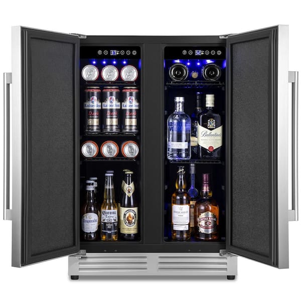 23.4 in. Dual Zone 210-Cans Beverage Cooler Interior Blue LEDs with 4-Door Handles Built-in Beer Fridge in Silver
