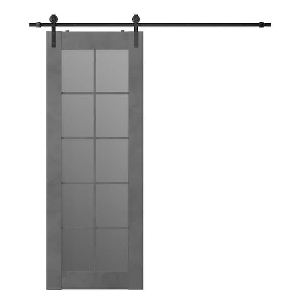 Belldinni Vona 30 in. x 96 in. 10-Lite Frosted Glass Dark Urban Finished Composite Wood Sliding Barn Door with Hardware Kit