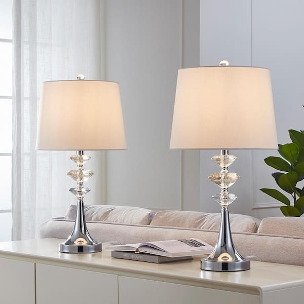 Kawoti 25 In. Chrome Crystal Table Lamp Set With Rotary Switch And 