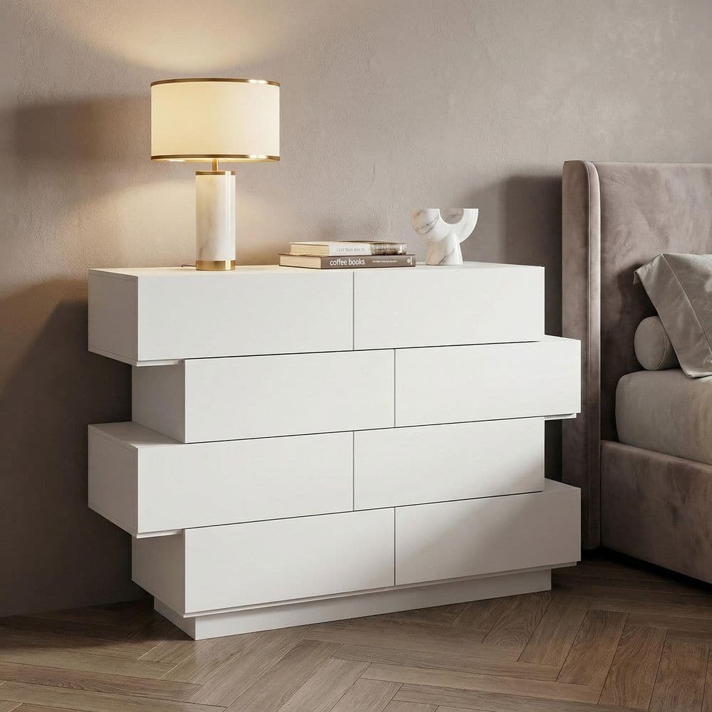 FUFU&GAGA 50.6 in. W High Gloss White Wood 8-Drawer Chest of
