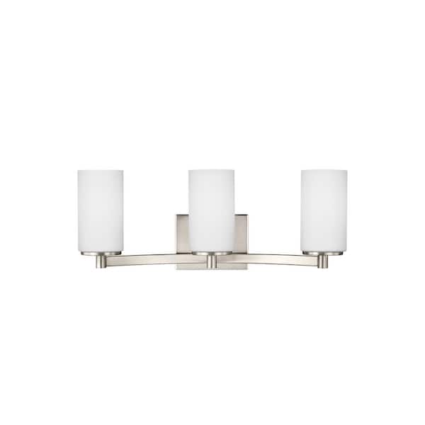 Generation Lighting Hettinger 20 in. 3-Light Brushed Nickel Transitional Contemporary Wall Bathroom Vanity Light with White Glass Shades