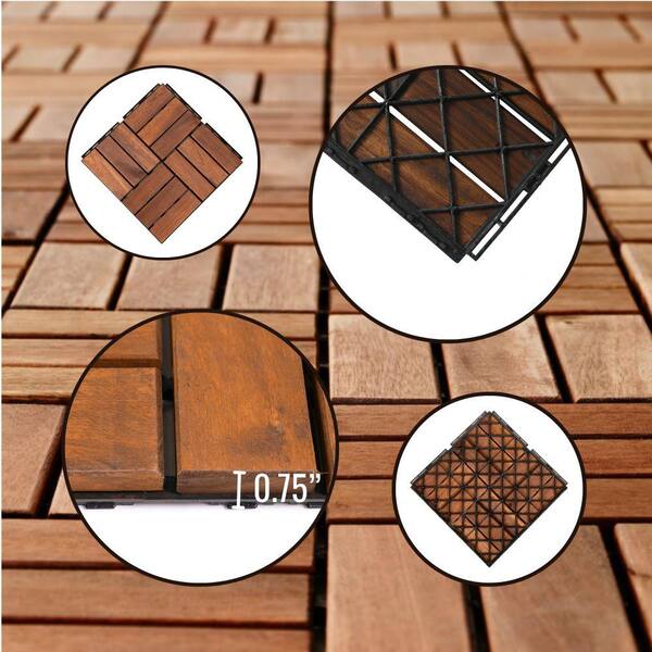 12 in. x 12 in. Outdoor Checker Square Wood Interlocking Waterproof Flooring Deck Tiles in Brown (Set of 30 Tiles)