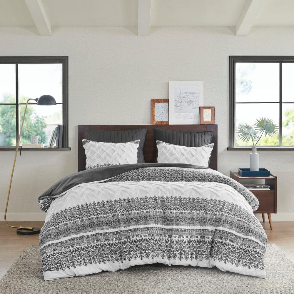 Mila Gray Cotton King Duvet Cover Set with Chenille Tufting
