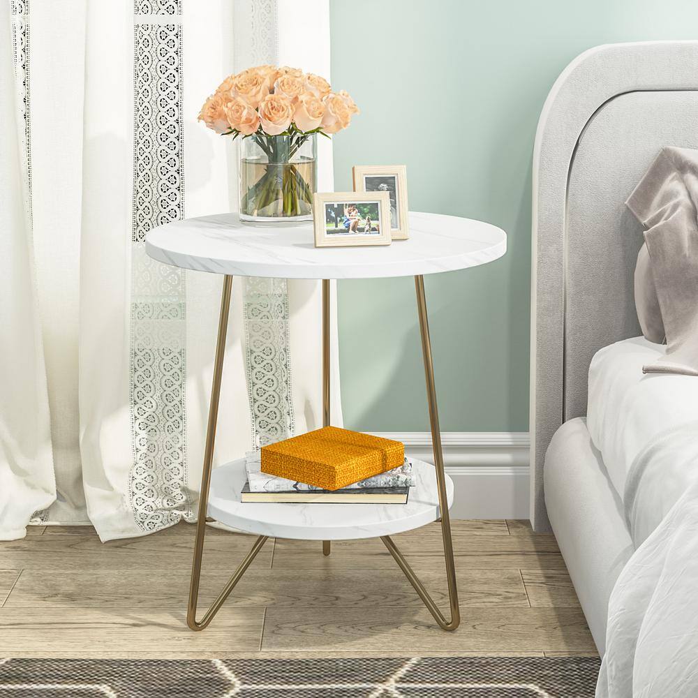 Kerlin 20 in. Rustic Brown Round Wood End Table with 2 Tier Storage Shelf Side Table, Nightstand Bedside Table - thumbnail 3