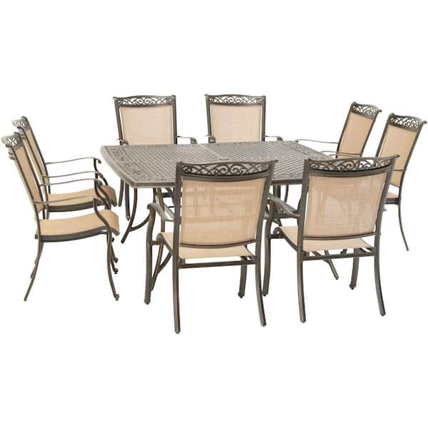 Hanover Fontana 9-Piece Aluminum Outdoor Dining Set with 8 Sling Chairs and a 60 in. Square Cast-Top Table