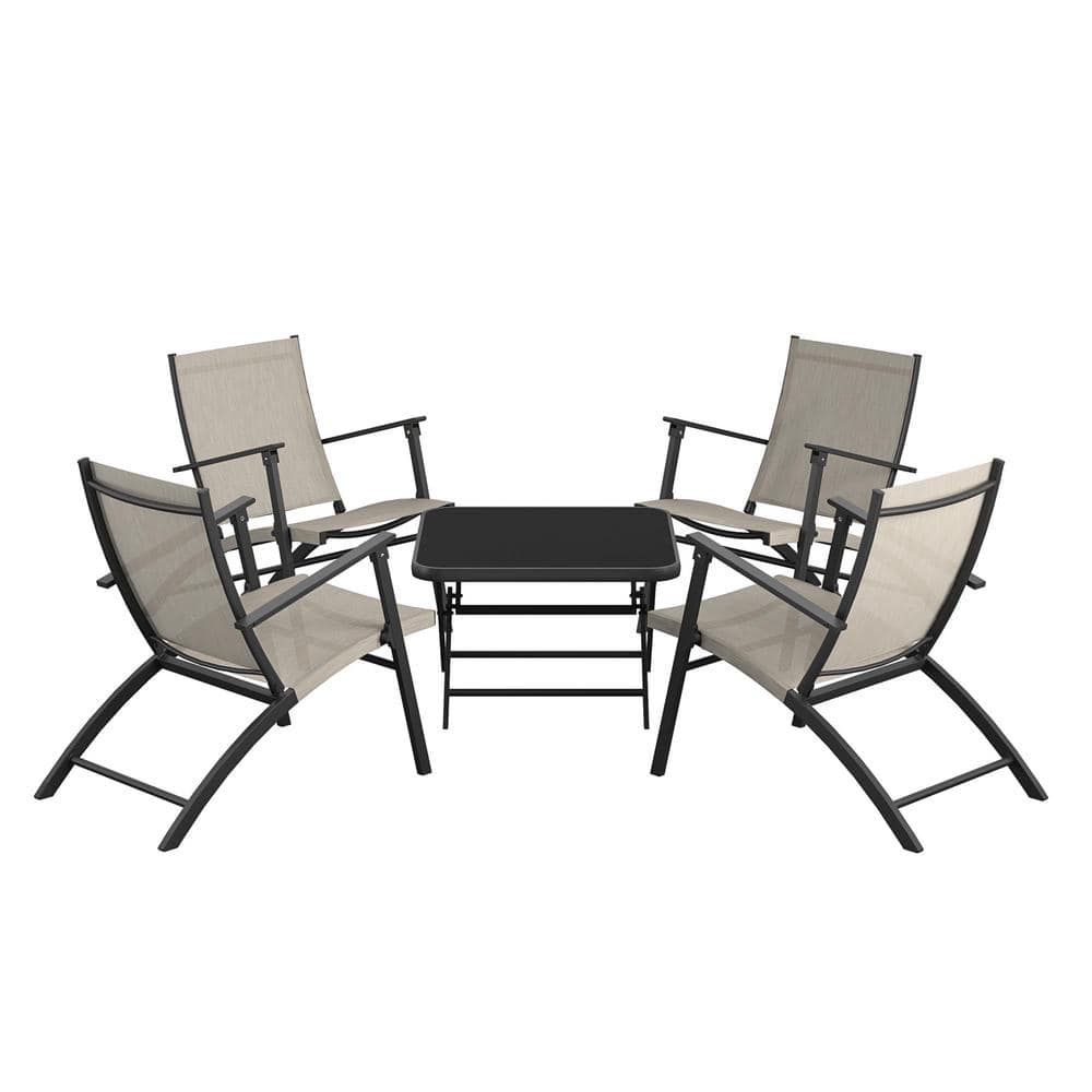 Beige and Black Steel 5-Piece Folding Sling Patio Chat Set