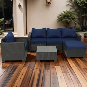 6-Piece Dark Coffee Wicker Patio Outdoor Sectional Sofa Set with Dark blue Cushions and 1 Coffee Table