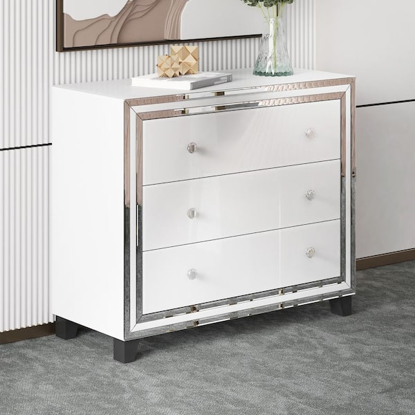 Seafuloy 41.34 in.W White Mirrored Cabinet with 3-Drawers W104340286-1