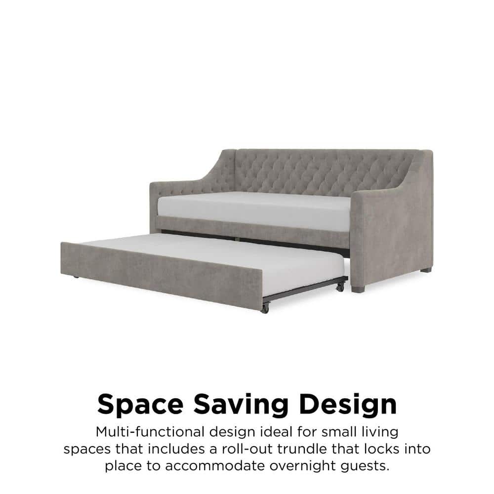 Light Gray Velvet Twin Daybed with Trundle and Tufted Upholstery