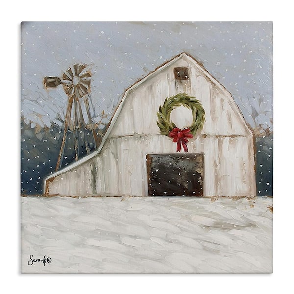 Stupell Industries Winter Barn with Snowflakes by Sara G. Designs 1-Piece Unframed Graphic Print Nature Poster Art Print 24 in. x 24 in.