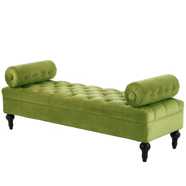 60 in. Green Bedroom Bench with 2 Detachable Pillows and Upholstered Velvet