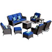 New Kenard Brown 9-Piece Wicker Patio Fire Pit Conversation Set with Navy Blue Cushions and Swivel Rocking Chairs