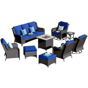 New Kenard Brown 9-Piece Wicker Patio Fire Pit Conversation Set with Navy Blue Cushions and Swivel Rocking Chairs