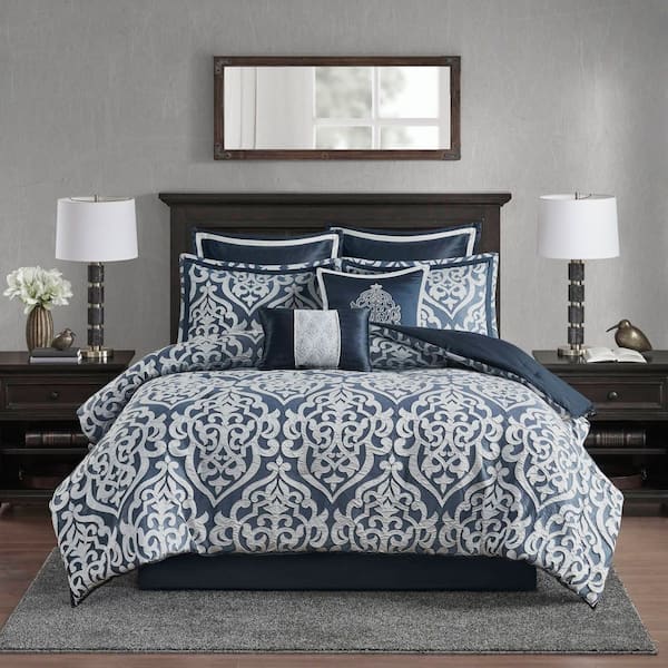 Dillon 8-Piece Navy/Silver Polyester Queen Comforter Set