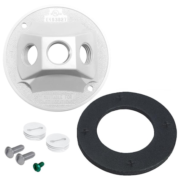 Commercial Electric Round Metal Weatherproof Electrical Lamp Holder Cover with (3) 1/2 inch Holes, White