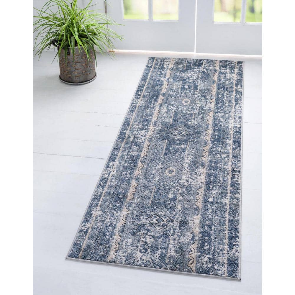 Blue and Ivory Geometric Synthetic Runner Rug