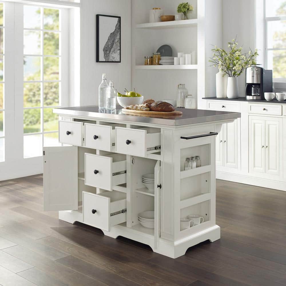 Julia White Kitchen Island with Stainless Steel Top
