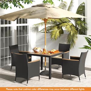 5-Piece Acacia Wood Wicker Outdoor Dining Set with Umbrella Hole, Beige Cushion
