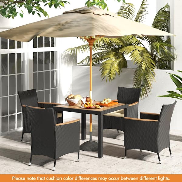 ANGELES HOME 5-Piece Acacia Wood Wicker Outdoor Dining Set with Umbrella Hole, Beige Cushion