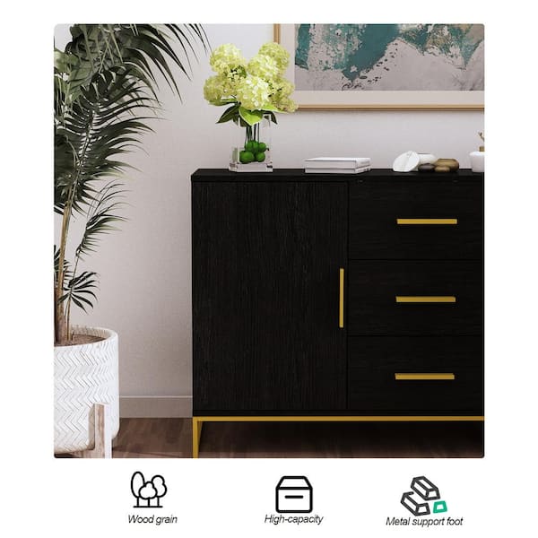Kingdely 3-Drawers Black Wood Dresser Vanity with 2-Cabinets