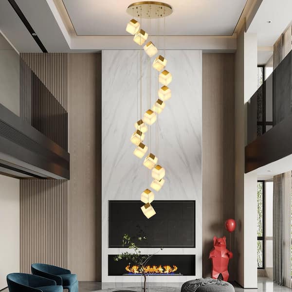 16 Light Gold Modern Staircase Chandeliers, Marble Large Chandeliers for High Ceilings Living Room Stairway Foyer