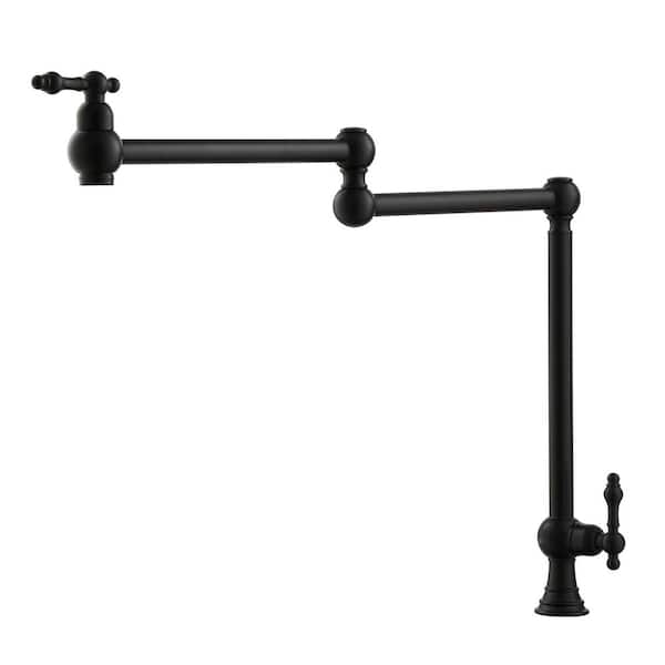 Residential Deck Mount Folding Pot Filler Kitchen Faucet with Dual Handles and 360-Degree Rotating Spout in Matte Black