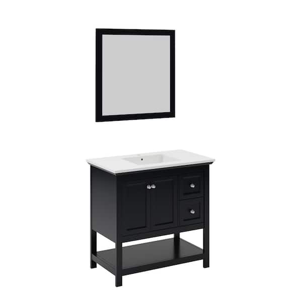 Fresca Manchester 36 in. Single Sink Shaker-Style Black Bath Vanity with White Quartz Top, Integrated Sink and Mirror