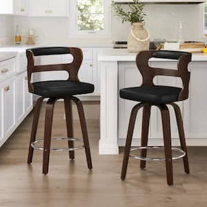 26 in. Black Faux Leather and Deep Walnut Wood Mid-Century Modern Swivel Counter Height Bar Stool (Set of 2)