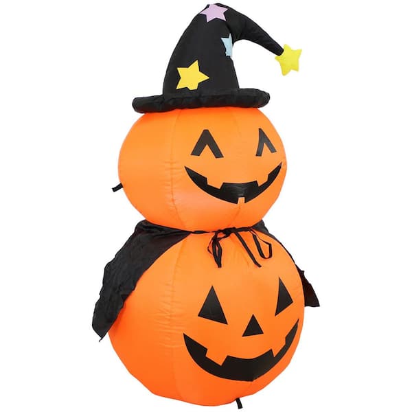 Sunnydaze 4.25 ft. H Double Jack-O'-Lantern with Witch Hat and Cape Outdoor Halloween Inflatable Decoration