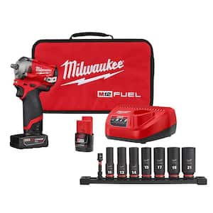 M12 FUEL 12V Brushless Cordless Stubby 3/8 in. Impact Wrench Kit with3/8 in. Metric Deep Impact Socket Set (8-Piece)