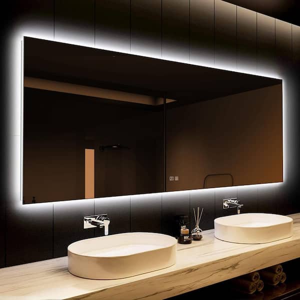 HOMEIBRO 72 in. W x 30 in. H Rectangular Frameless LED Light with 3-Color and Anti-Fog Wall Mounted Bathroom Vanity Mirror