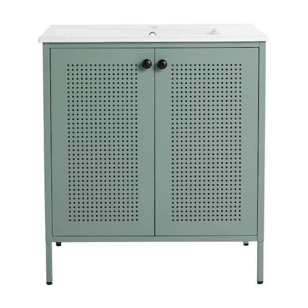 30 in. W x 18.3 in. D x 33.4 in. H Freestanding Bath Vanity in Green with White Ceramic Top
