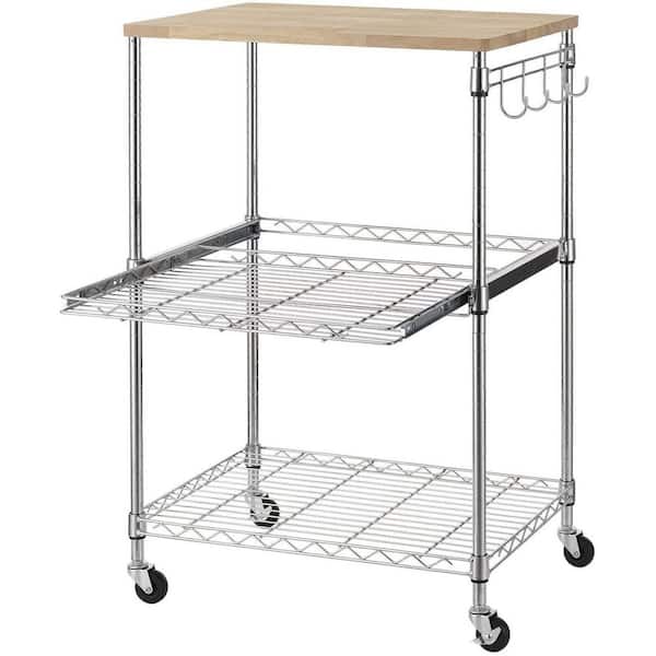 3-Tier Chrome Rolling Kitchen Service Cart with Hooks, Pantry Organizer with Oak Wood Tabletop and Drawer Slider