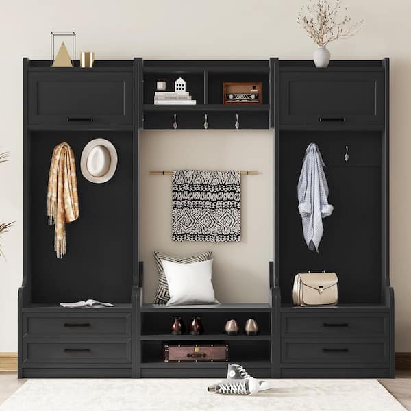 Black Freestanding Hall Tree with Storage and 7 Hooks